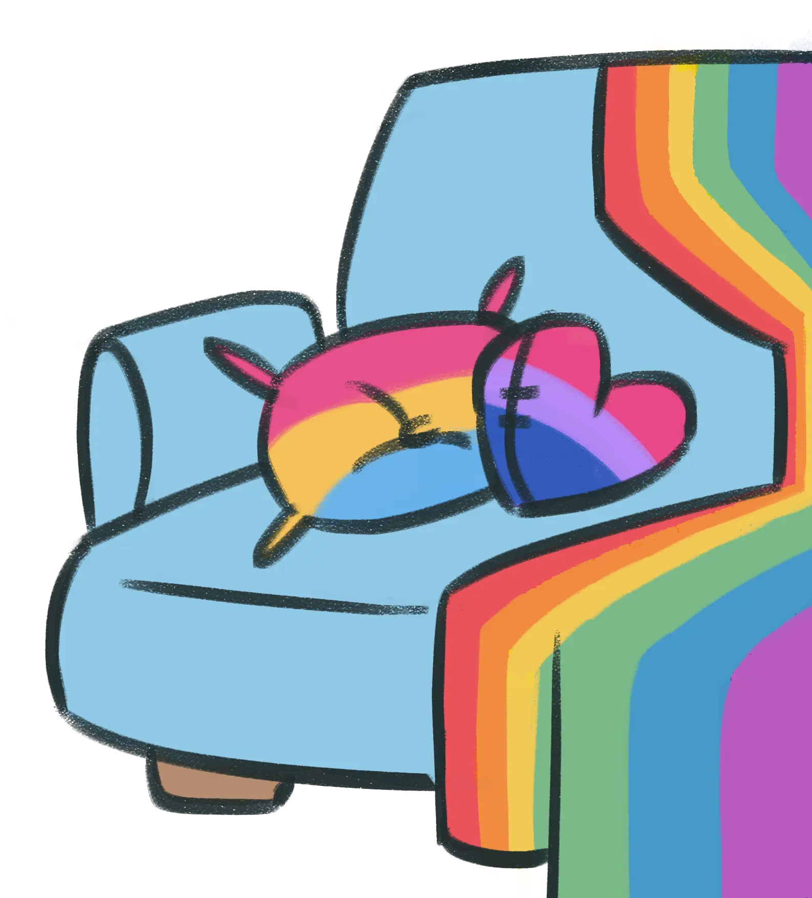 Hand drawn drawing of a couch with a rainbow blanket